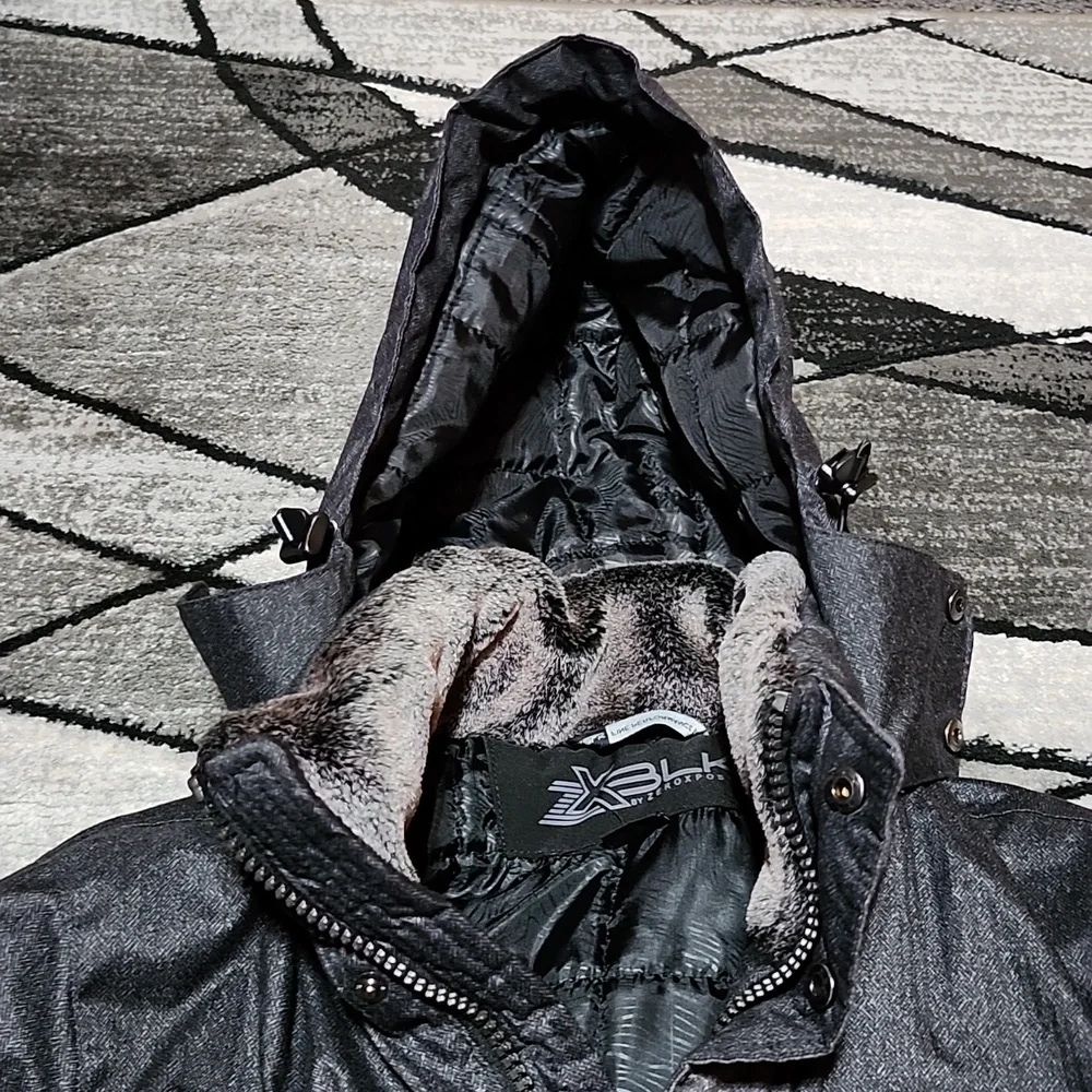 XBLK BY ZEROXPOSUR GRAY & BLACK INSULATED FAUX-FUR HOODIE JACKET COAT - Picture 4 of 16
